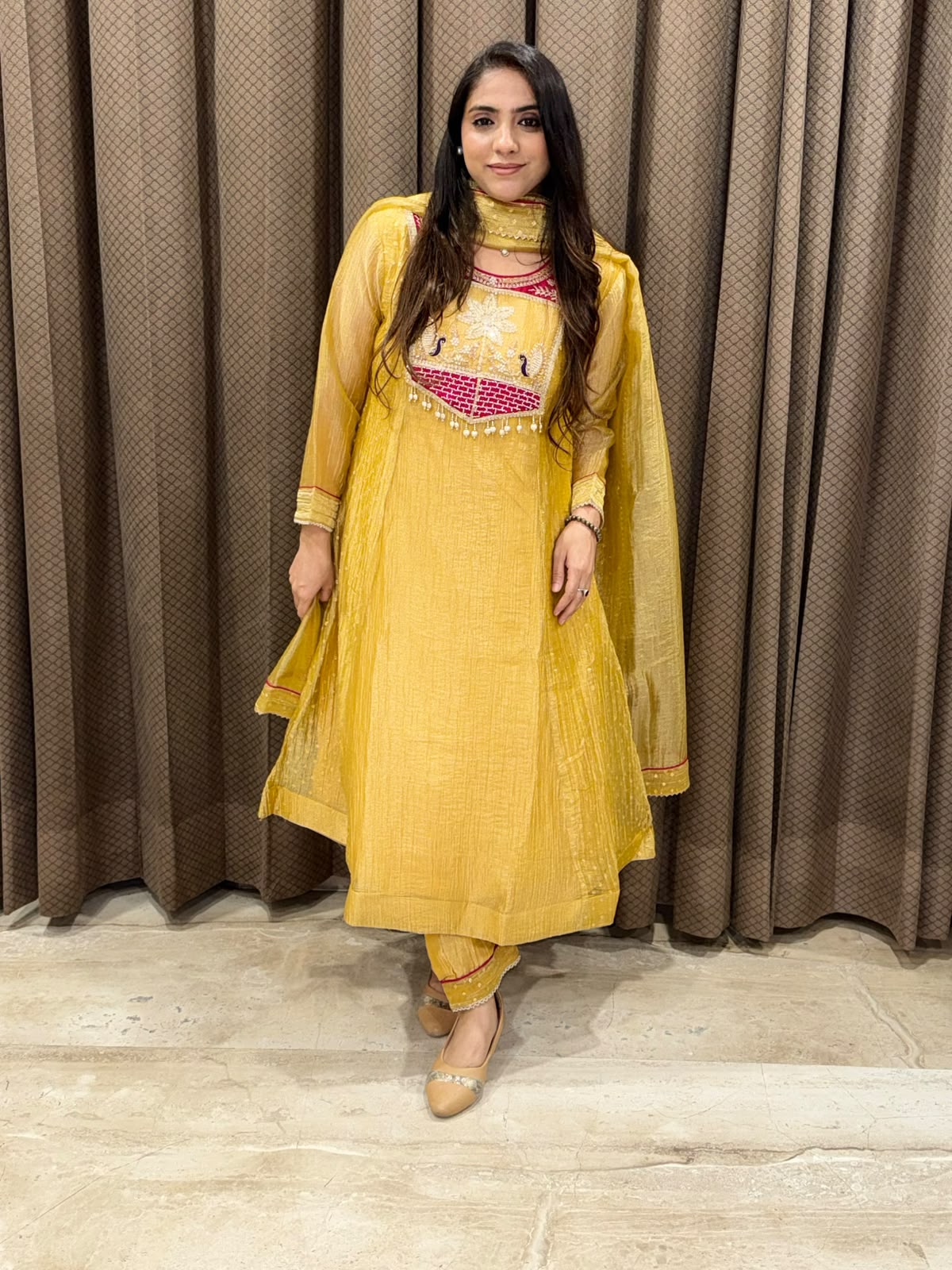Designer Yellow A line suit with dupatta and handwork