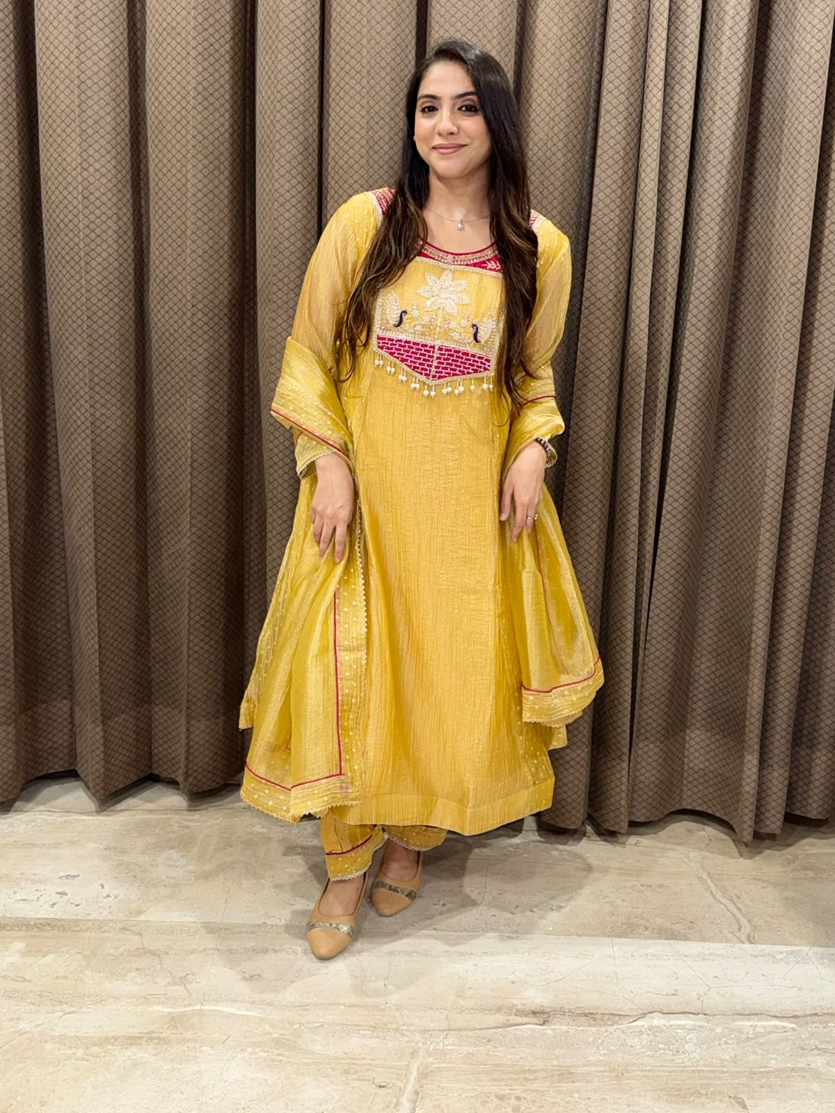 Designer Yellow A line suit with dupatta and handwork