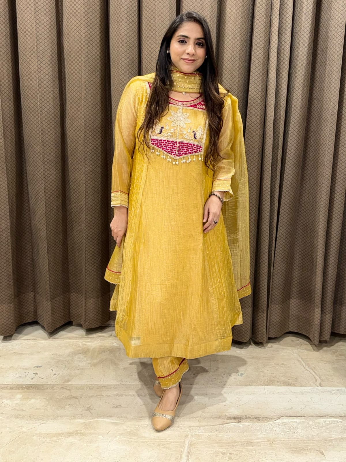 Designer Yellow A line suit with dupatta and handwork