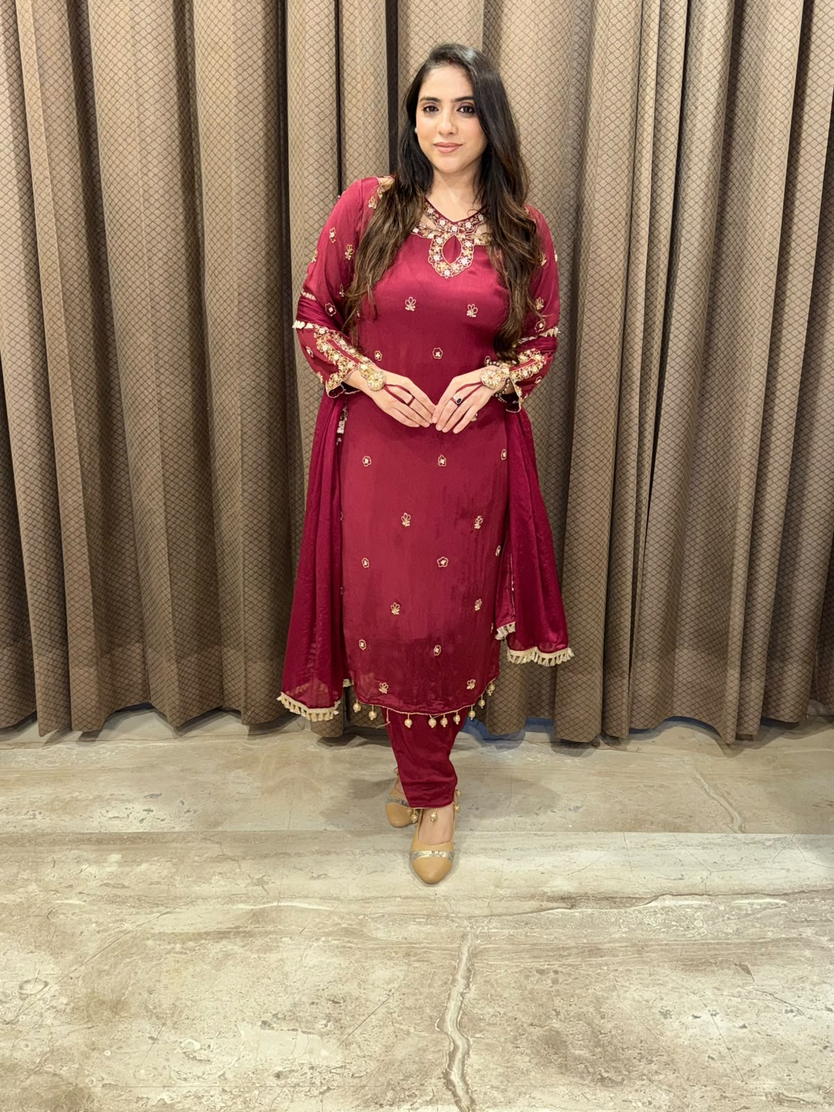 Elegant Maroon straight suit with designer neck and handwork