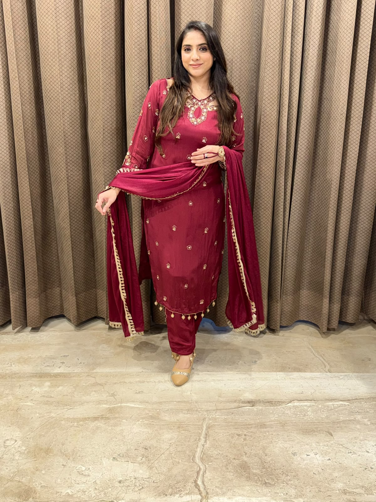 Elegant Maroon straight suit with designer neck and handwork