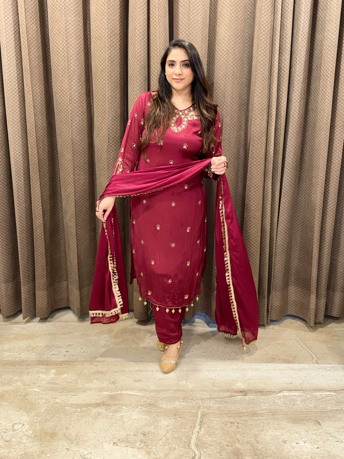 Elegant Maroon straight suit with designer neck and handwork