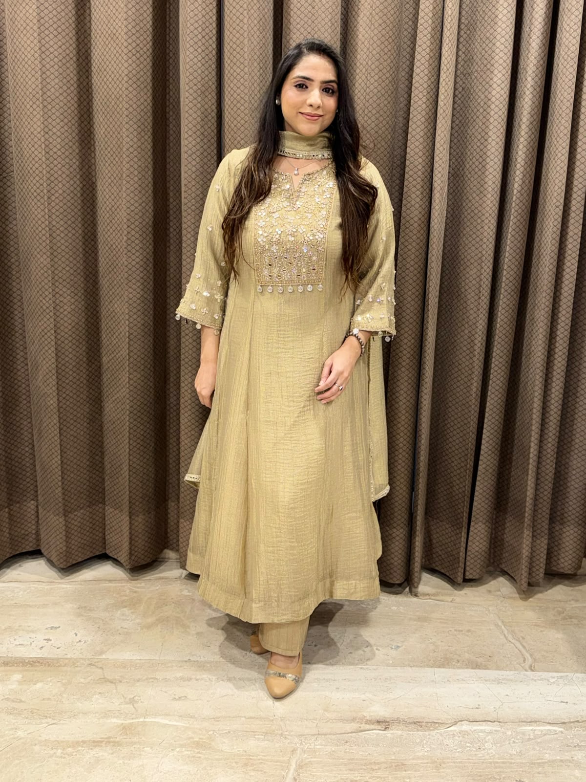 Designer Golden A line suit with dupatta and handwork