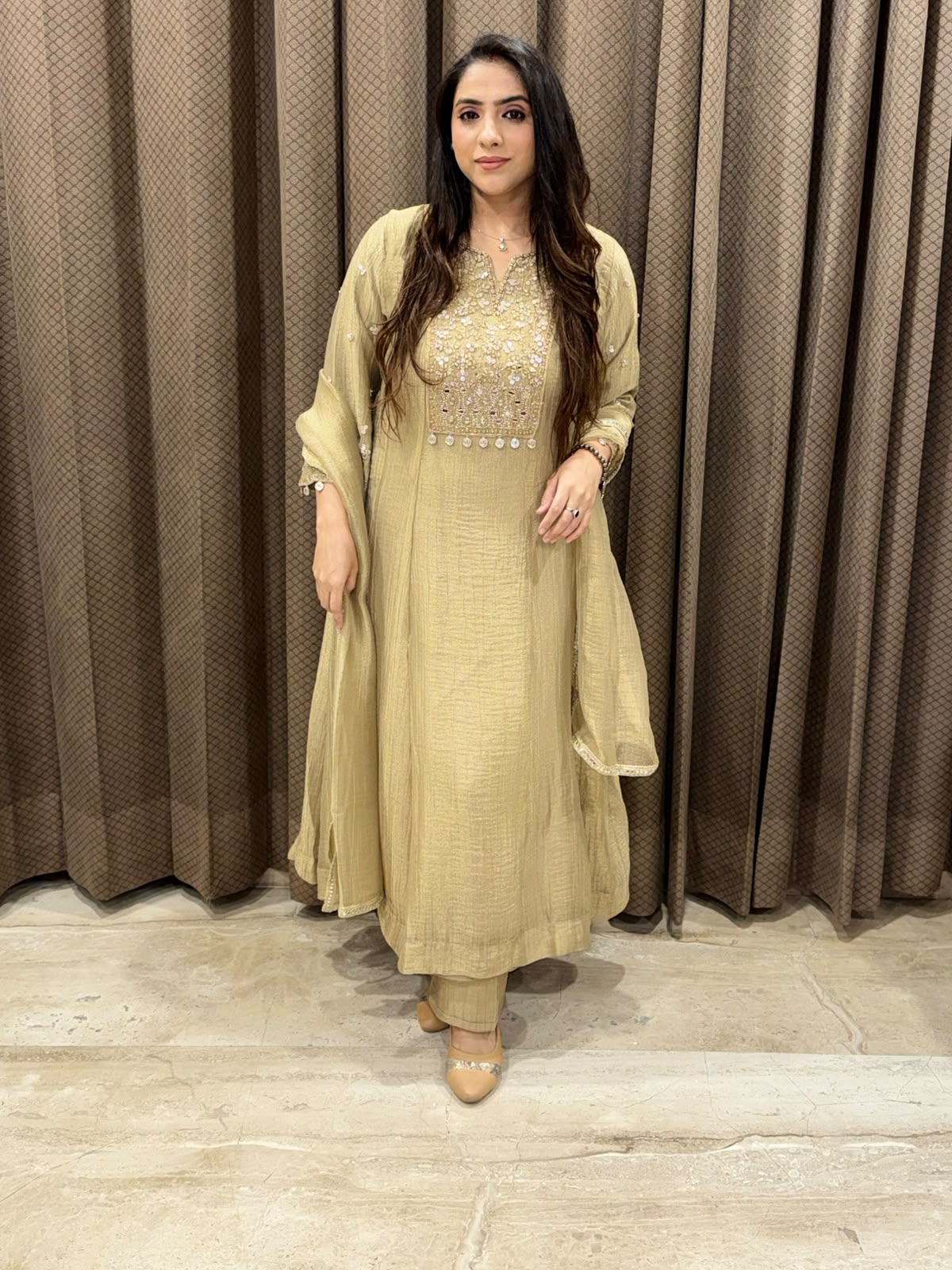 Designer Golden A line suit with dupatta and handwork