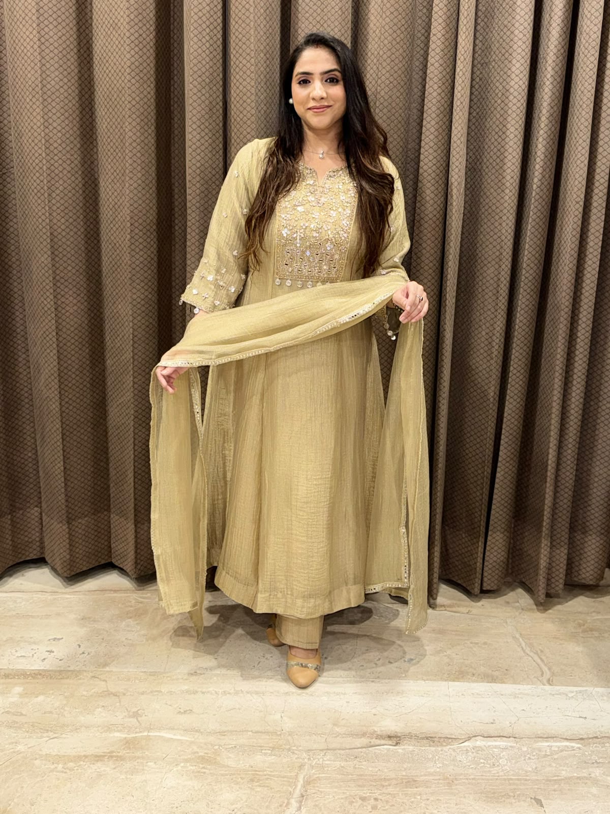 Designer Golden A line suit with dupatta and handwork