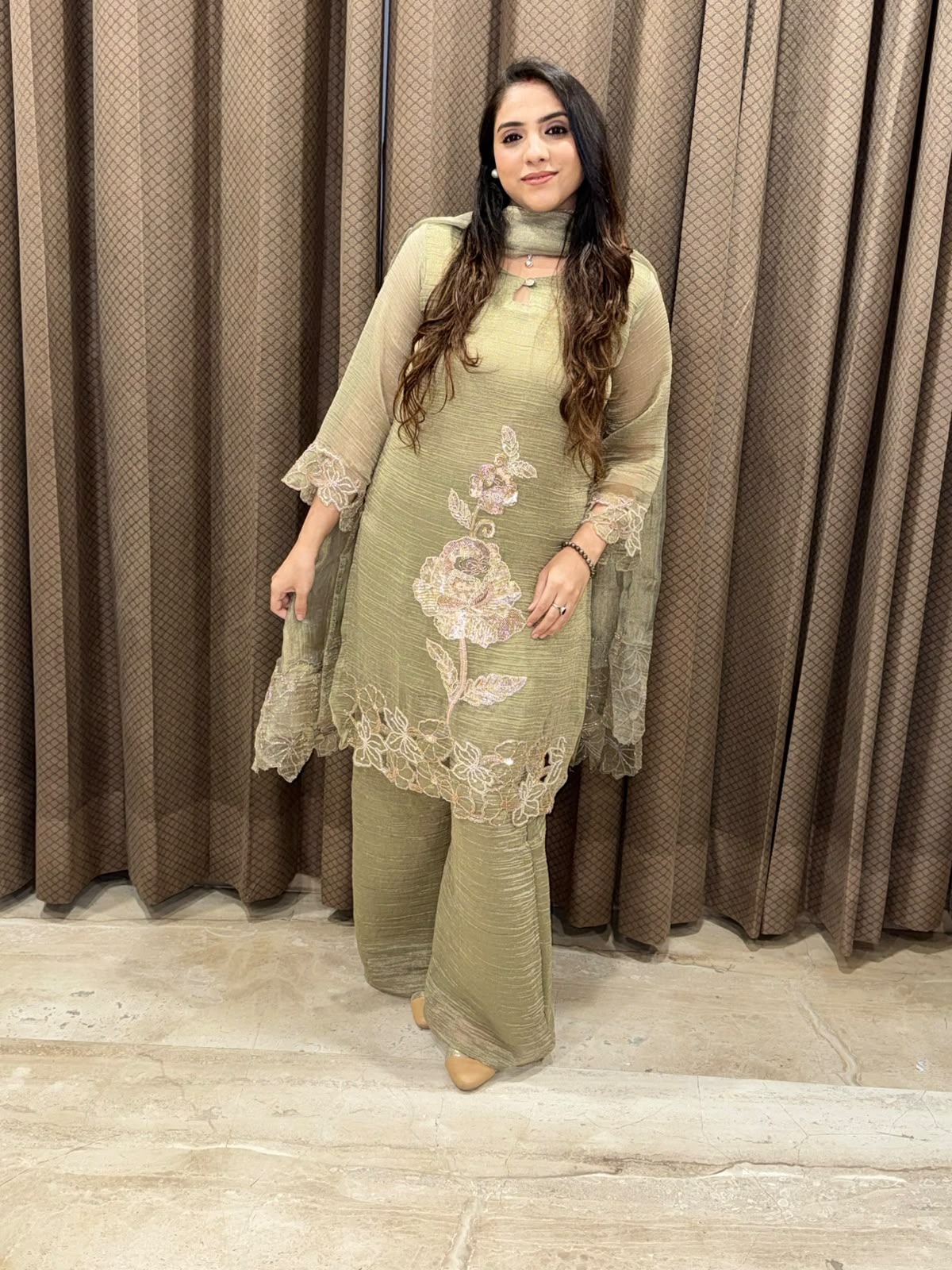 Designer Green Plazoo set with dupatta ,Cutwork with handwork