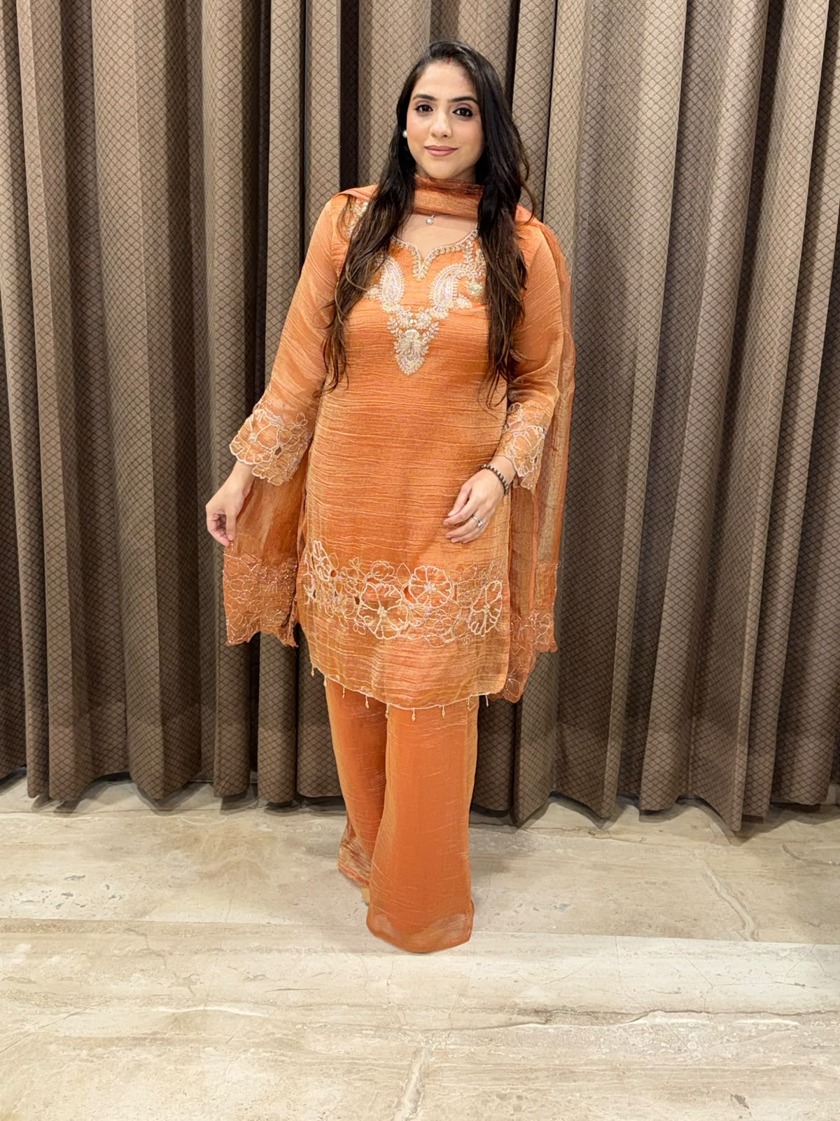 Designer Rust plazoo set with cutwork and handwork