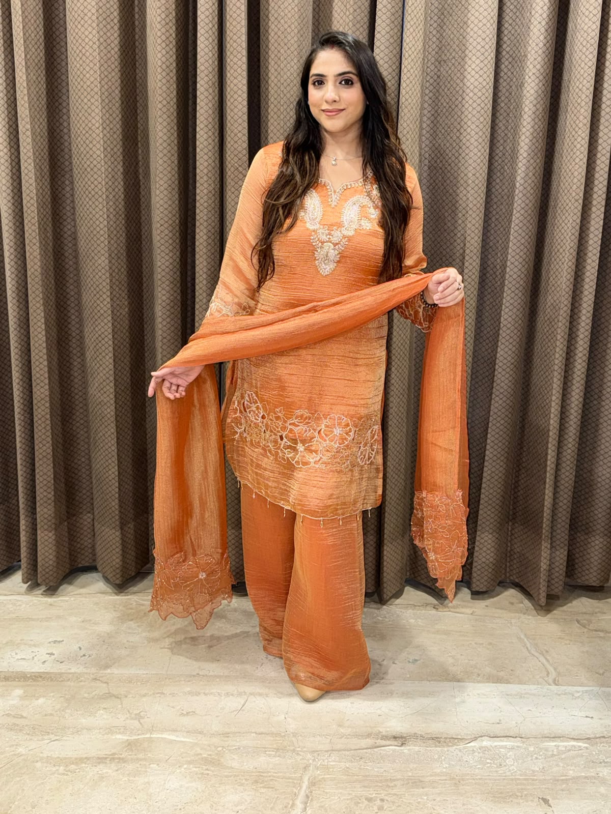 Designer Rust plazoo set with cutwork and handwork
