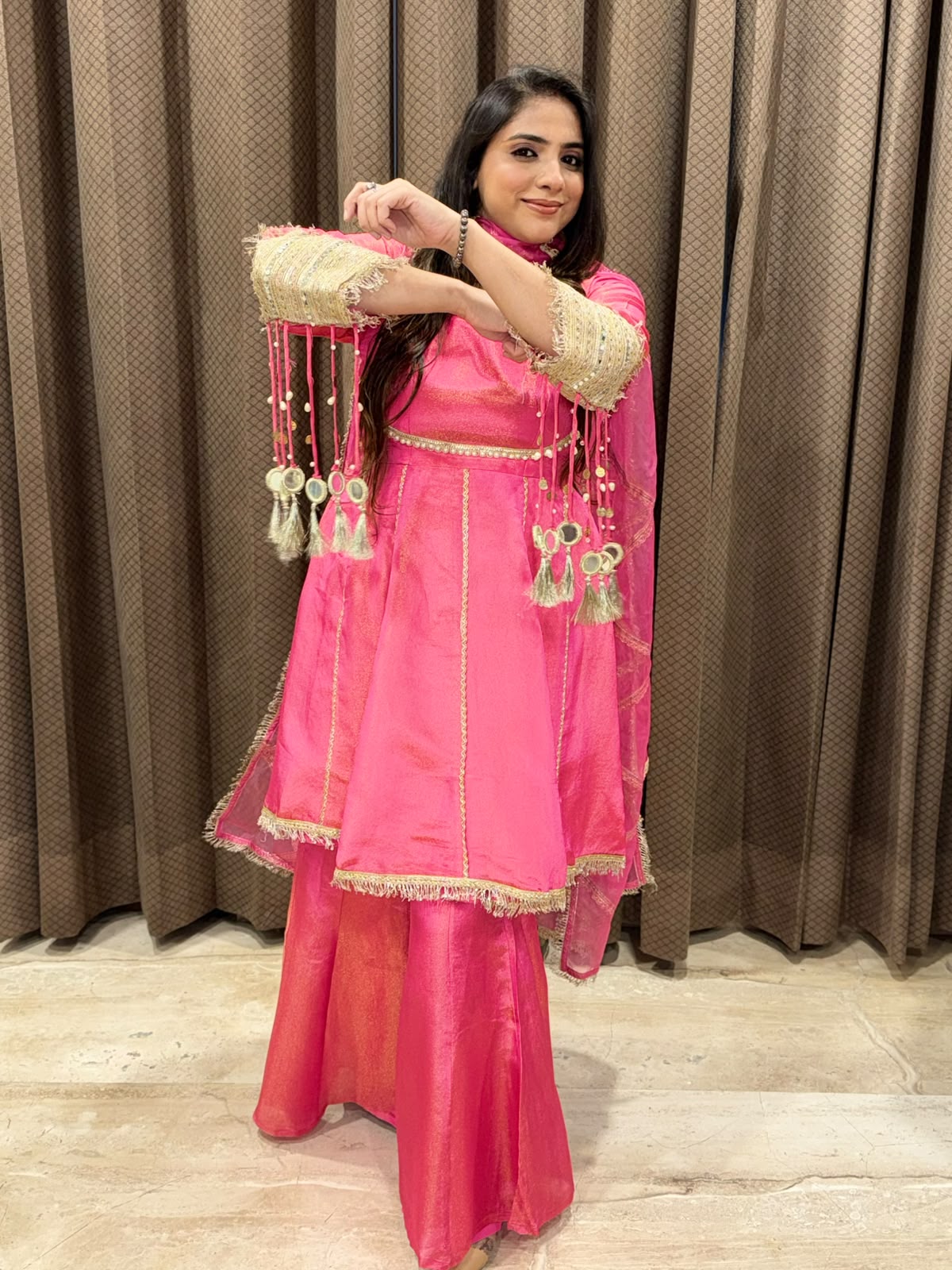 Designer Pink Indowestern set with kalera style & handwork
