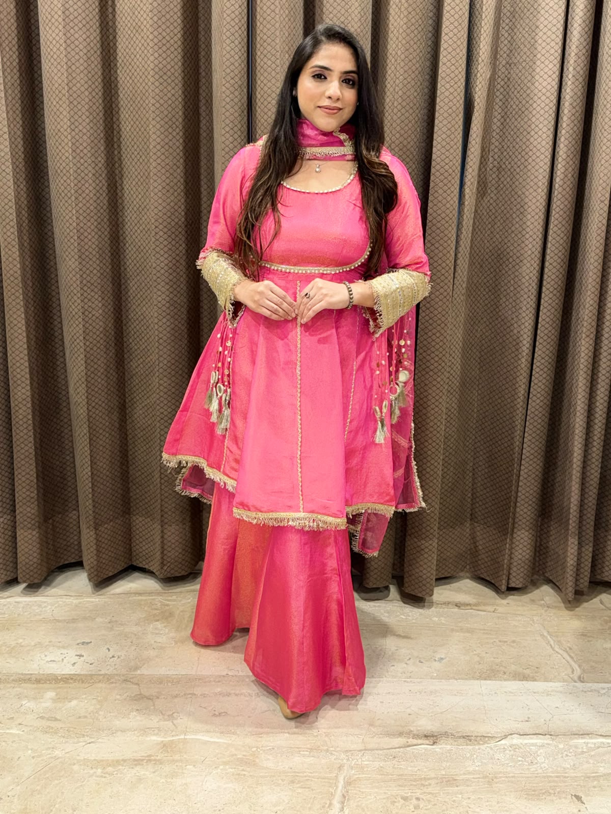 Designer Pink Indowestern set with kalera style & handwork
