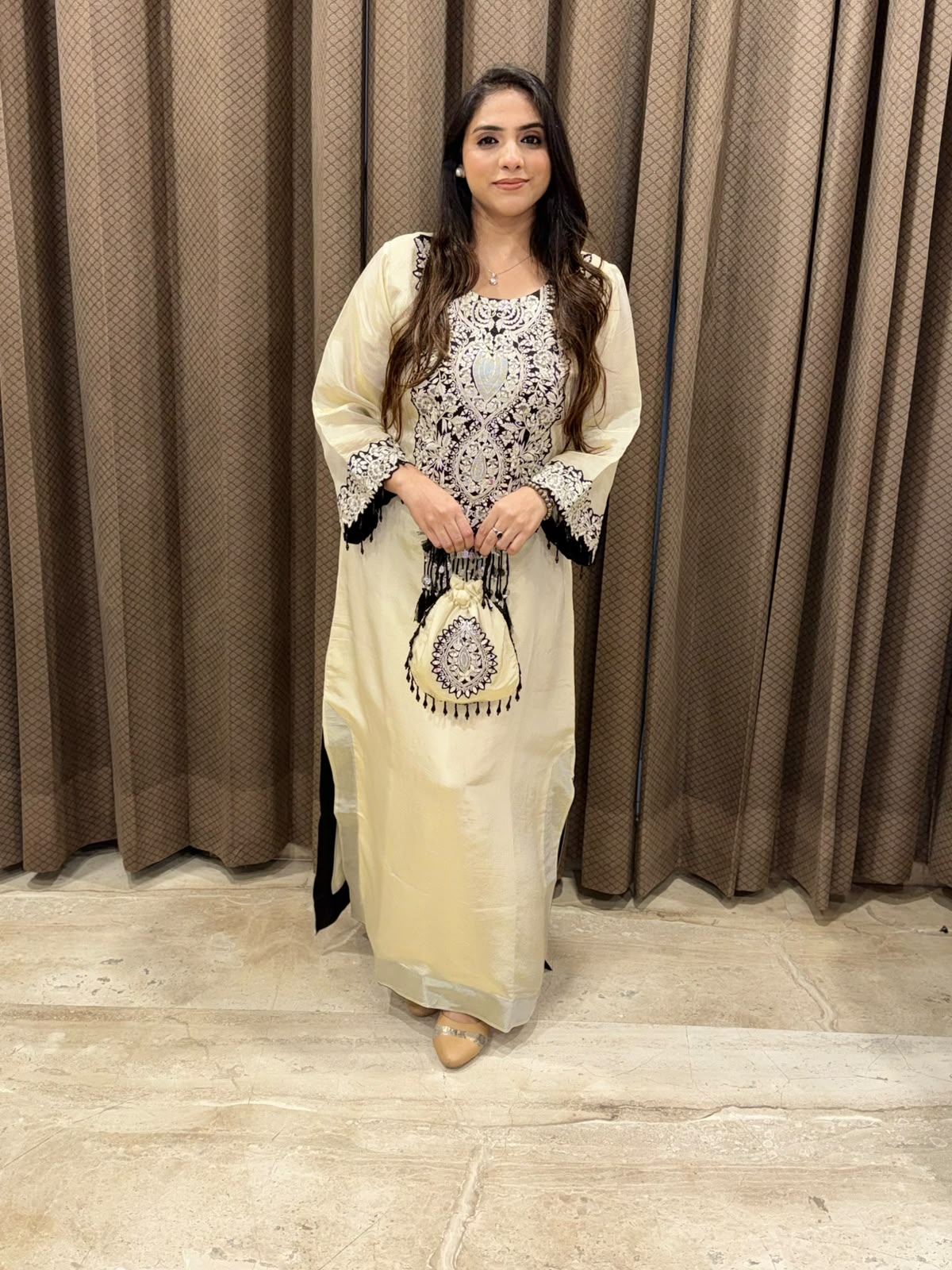 Designer Ivory long dress with Pakistani style & handwork