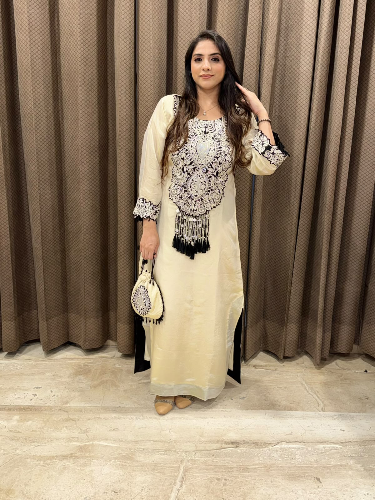 Designer Ivory long dress with Pakistani style & handwork