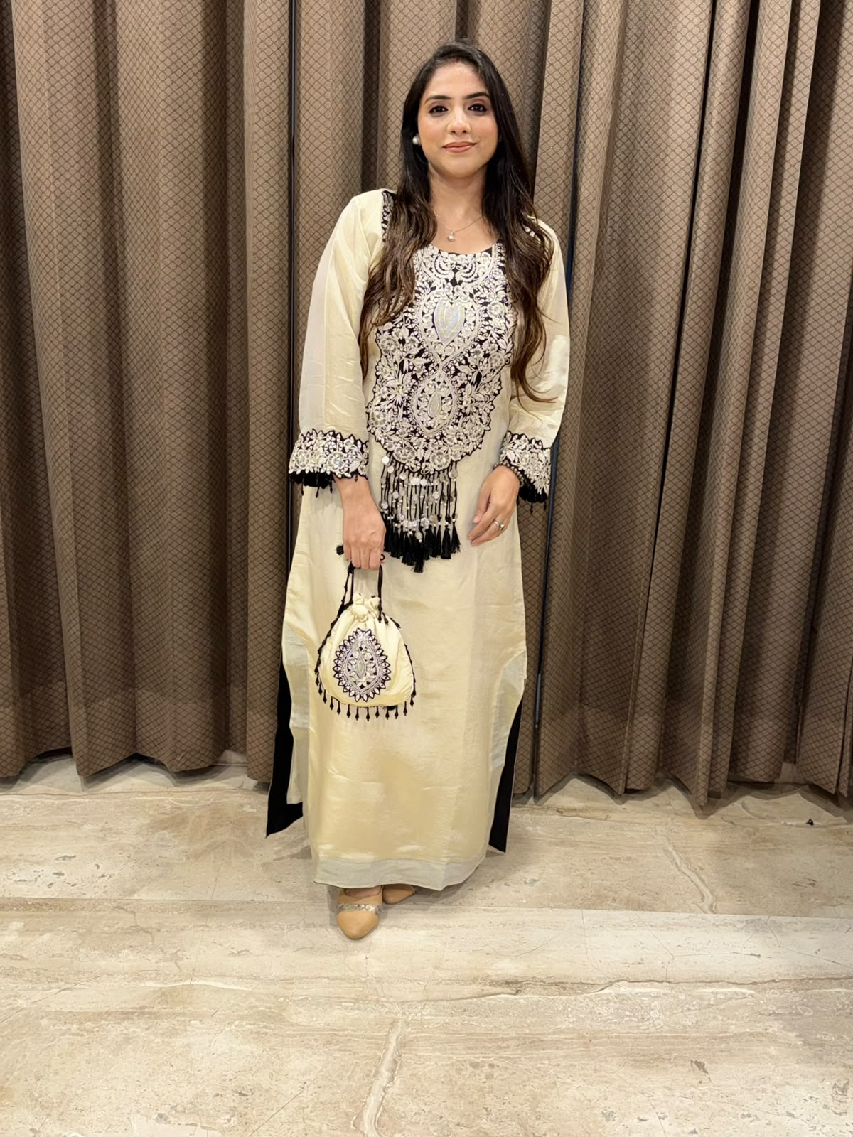Designer Ivory long dress with Pakistani style & handwork