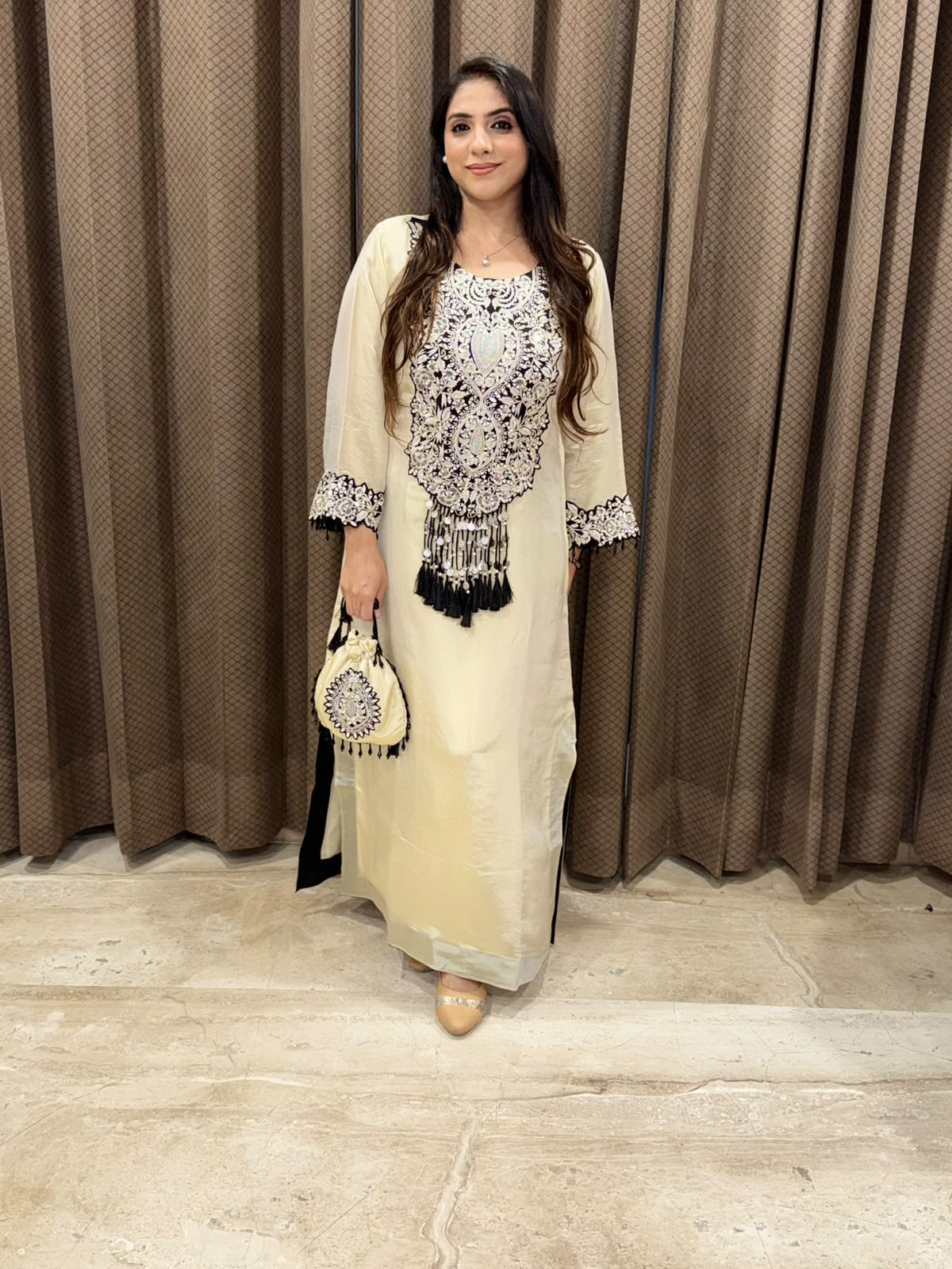 Designer Ivory long dress with Pakistani style & handwork