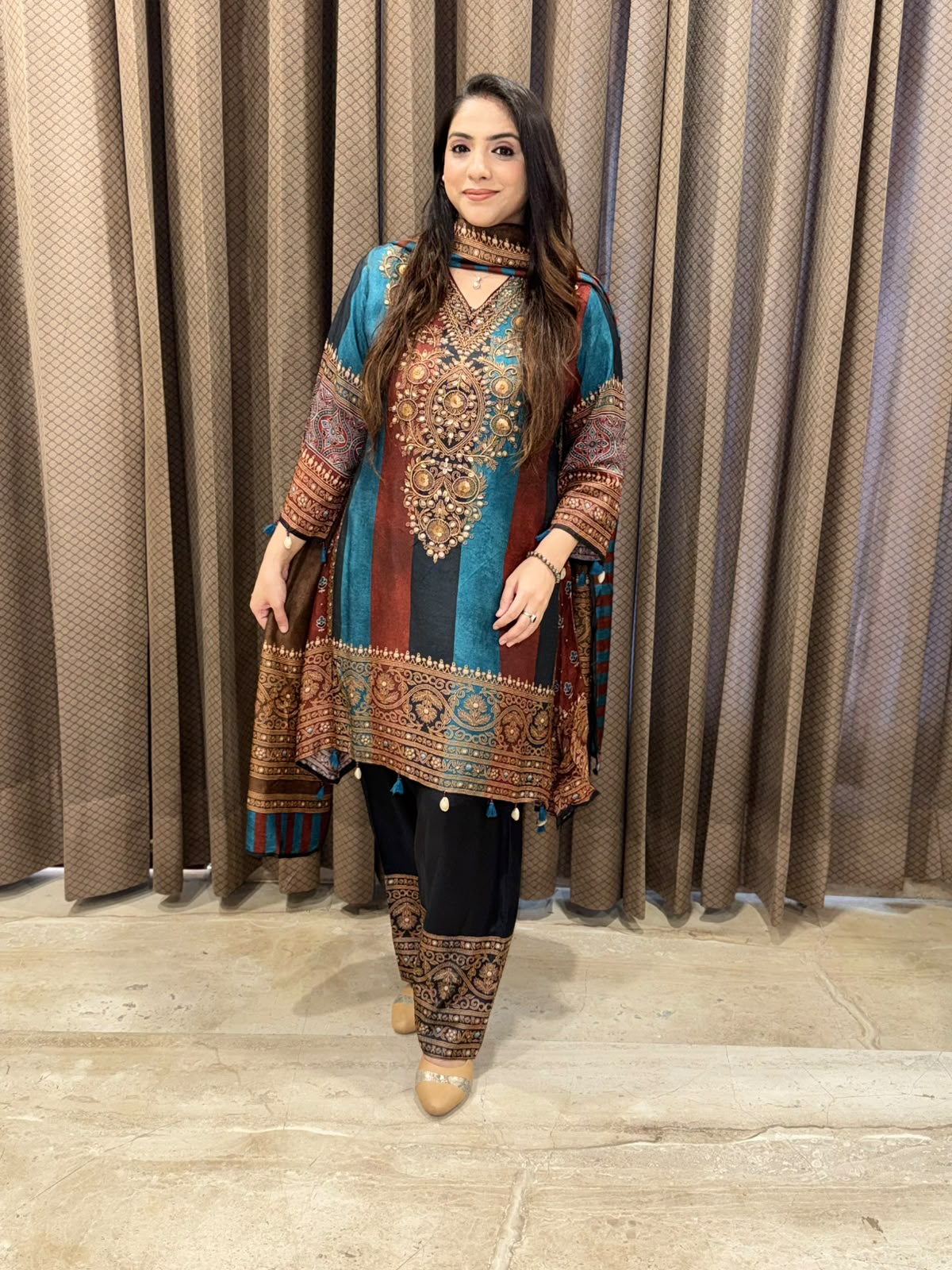 Blue Digital Handwork C-Cut Kurta set with dupatta