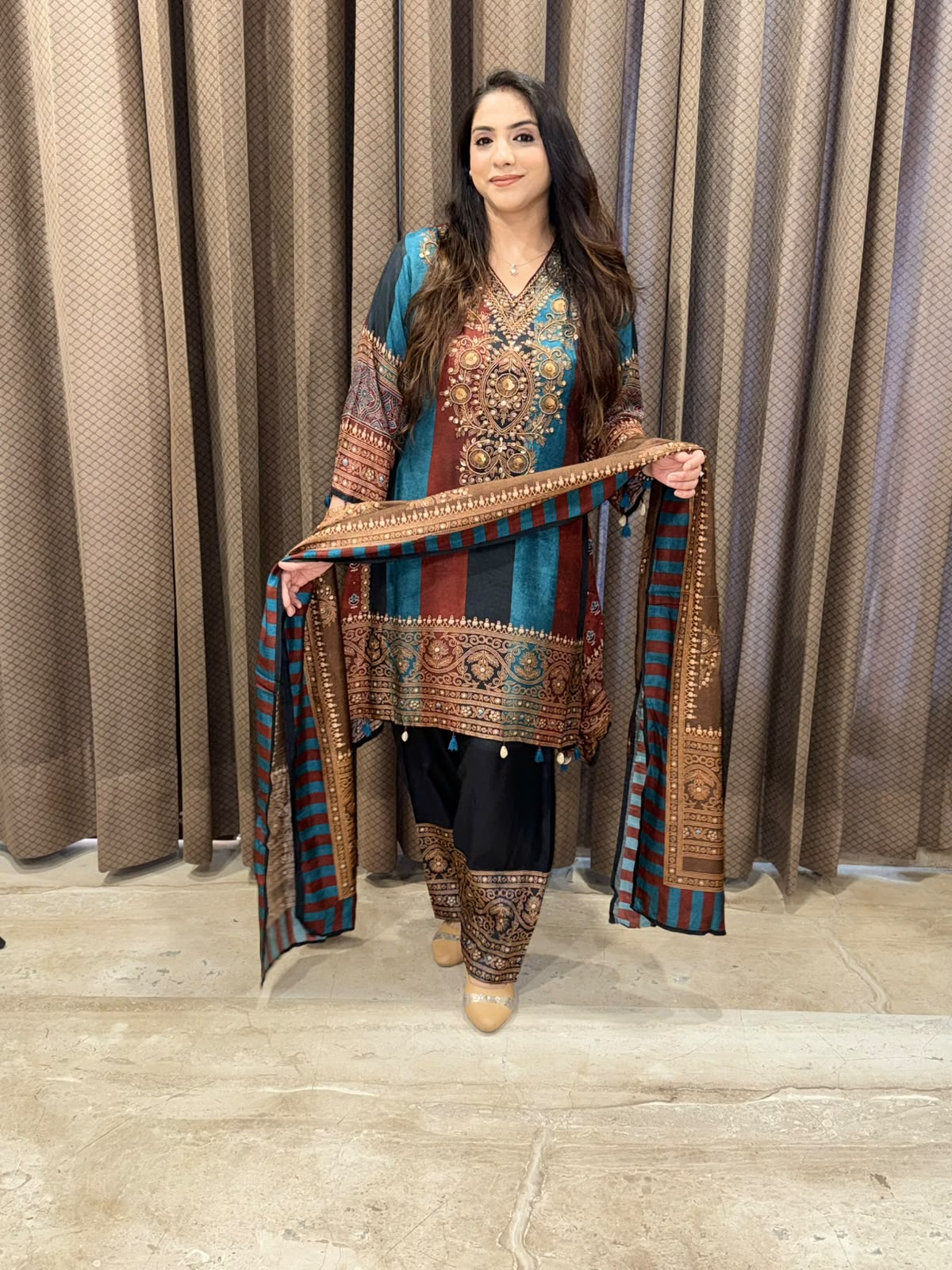 Blue Digital Handwork C-Cut Kurta set with dupatta