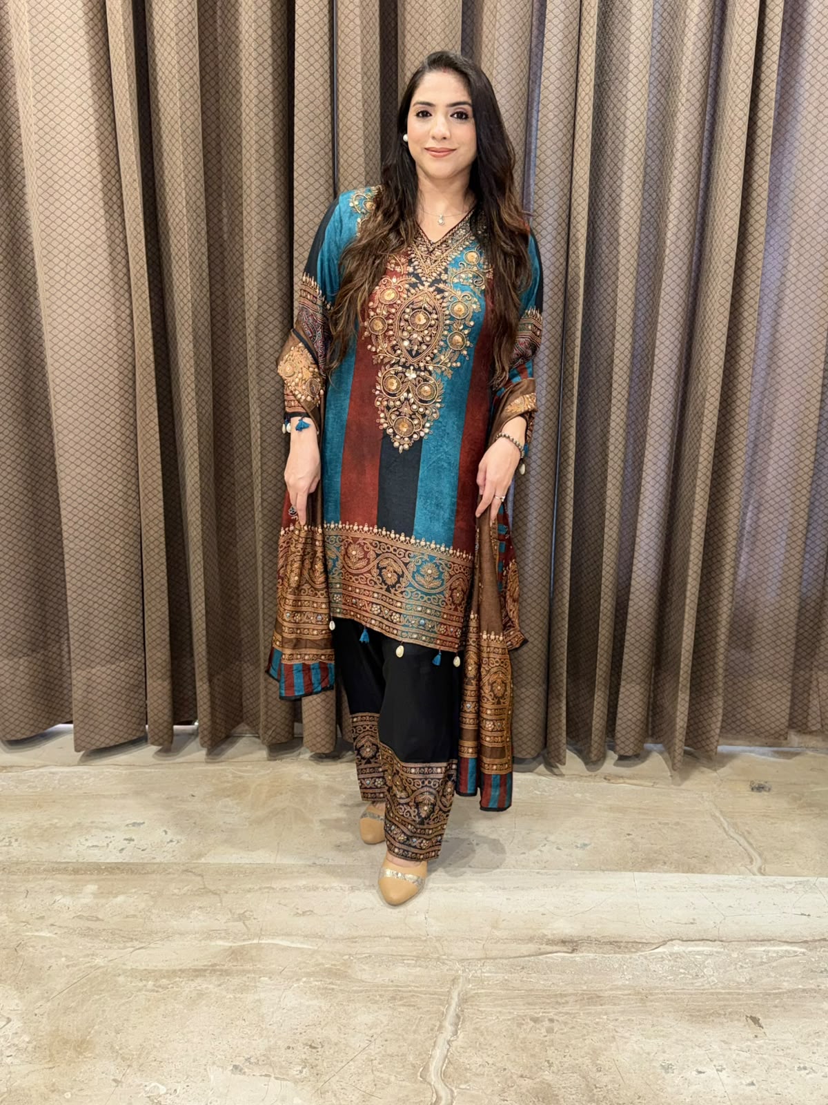 Blue Digital Handwork C-Cut Kurta set with dupatta