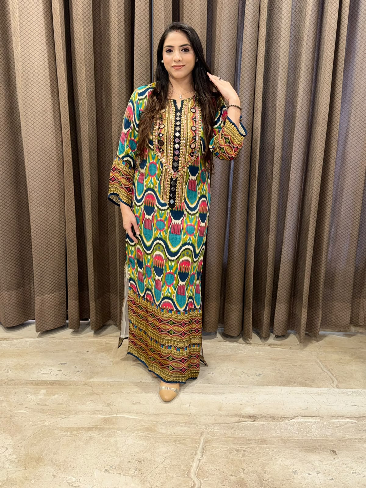 Blue Digital long dress with pants & mirror handwork