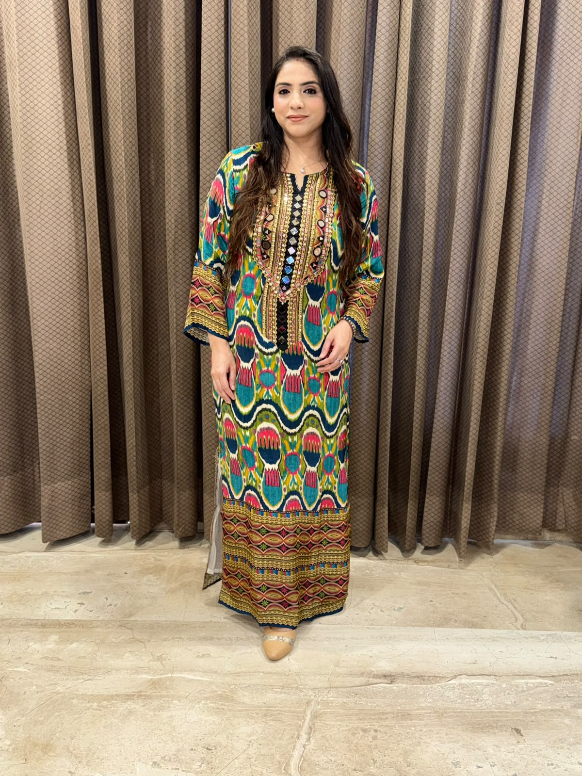 Blue Digital long dress with pants & mirror handwork