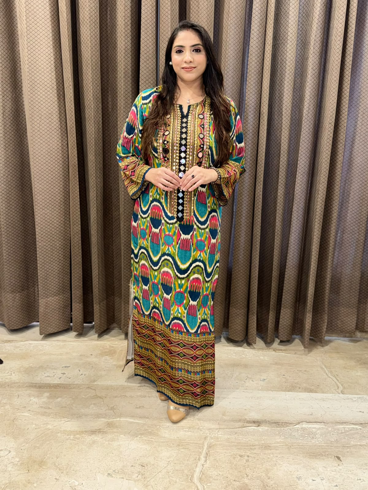 Blue Digital long dress with pants & mirror handwork
