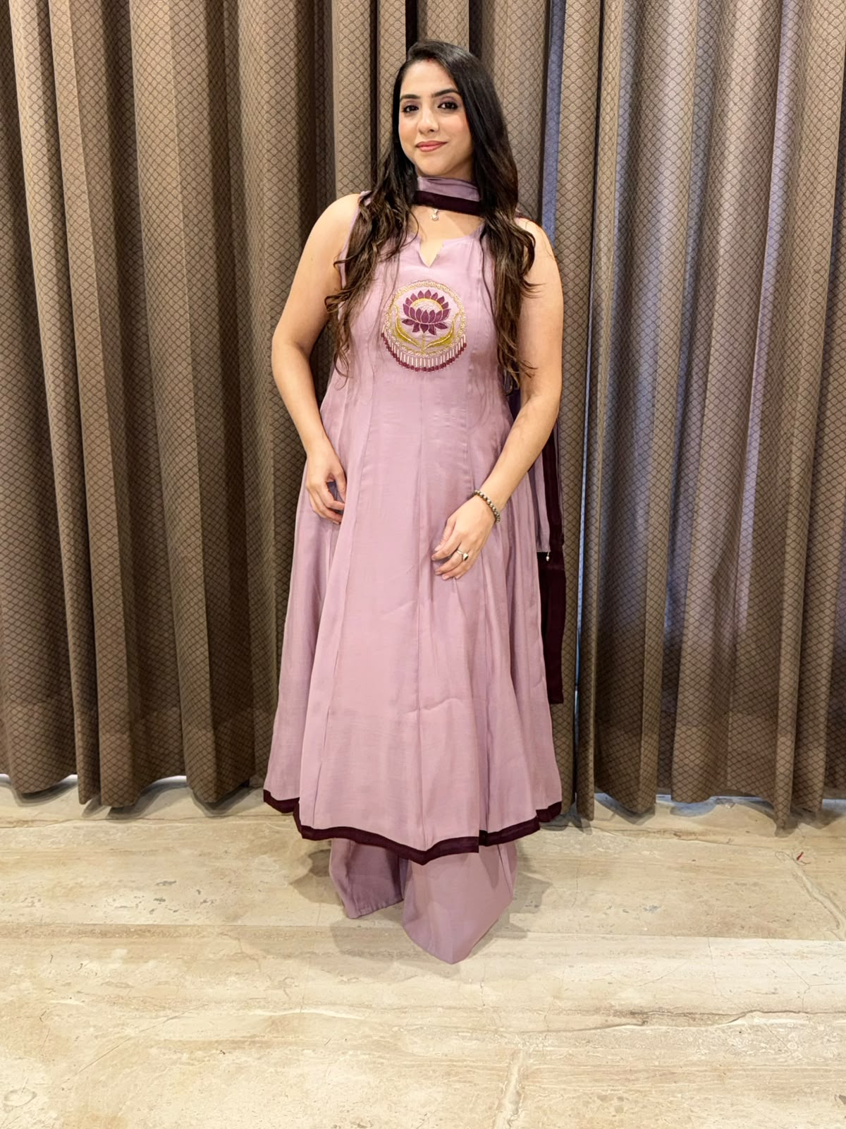 Elegant Lilac Anarkali set with lotus handwork & dupatta