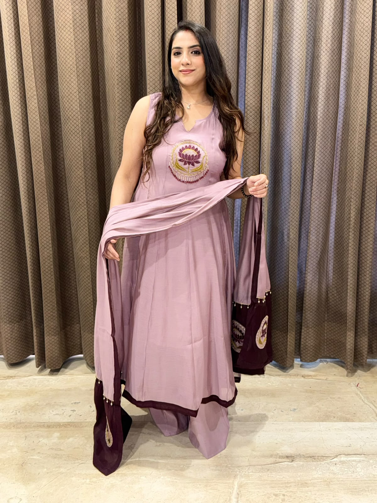 Elegant Lilac Anarkali set with lotus handwork & dupatta