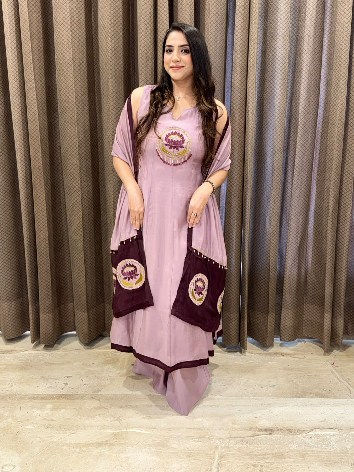 Elegant Lilac Anarkali set with lotus handwork & dupatta