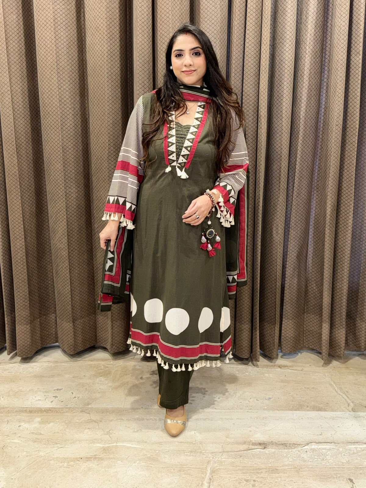 Designer Green suit set with pants & Rakhi