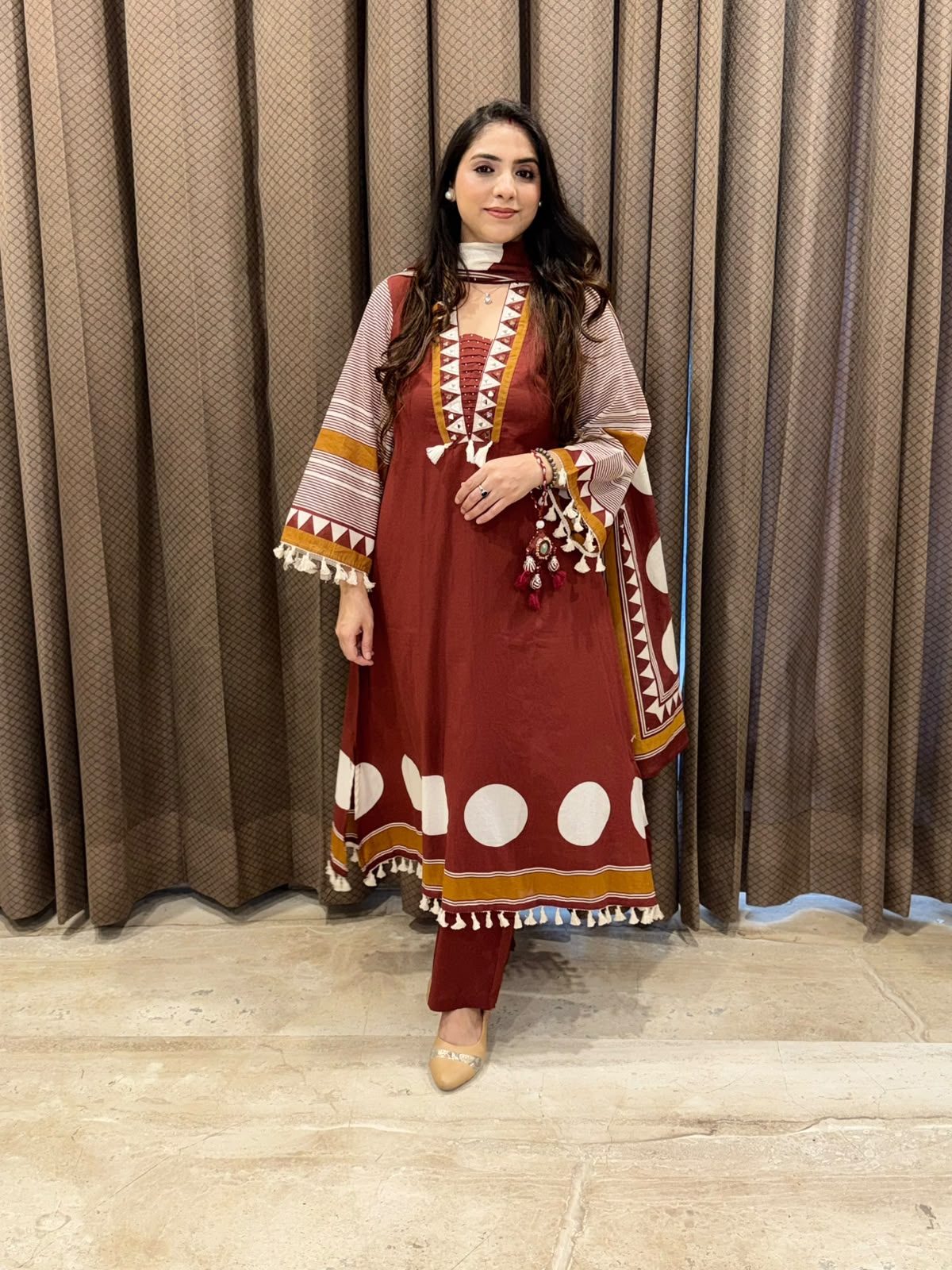 Designer Rust suit set with pants & Rakhi