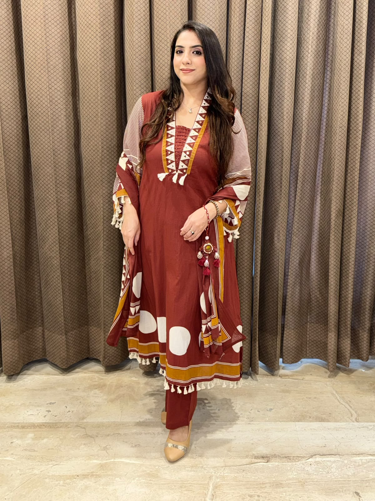 Designer Rust suit set with pants & Rakhi