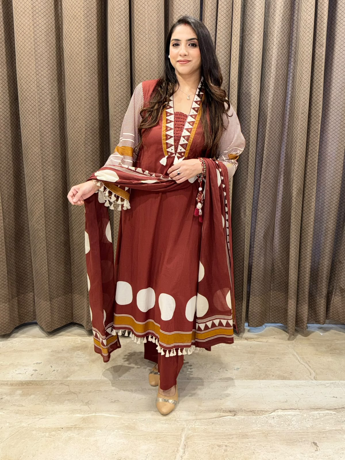 Designer Rust suit set with pants & Rakhi