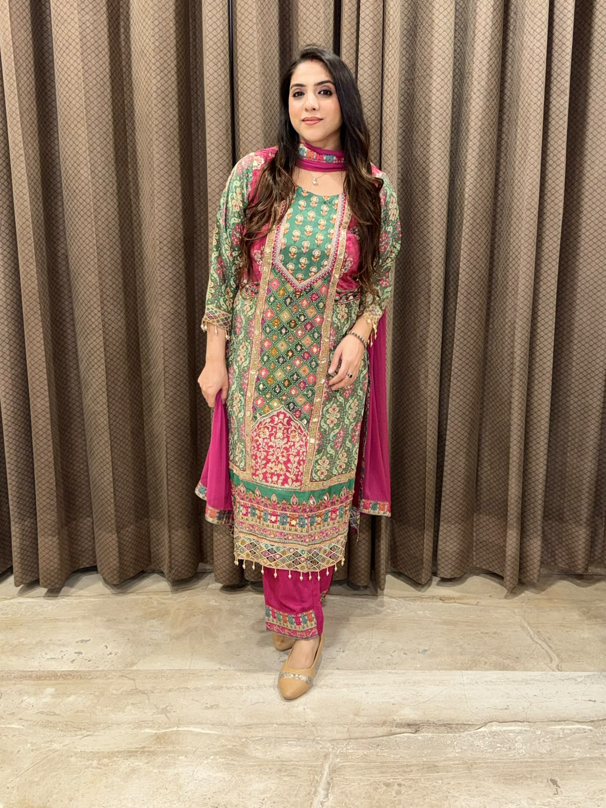 Designer Green Digital Straight suit with handwork