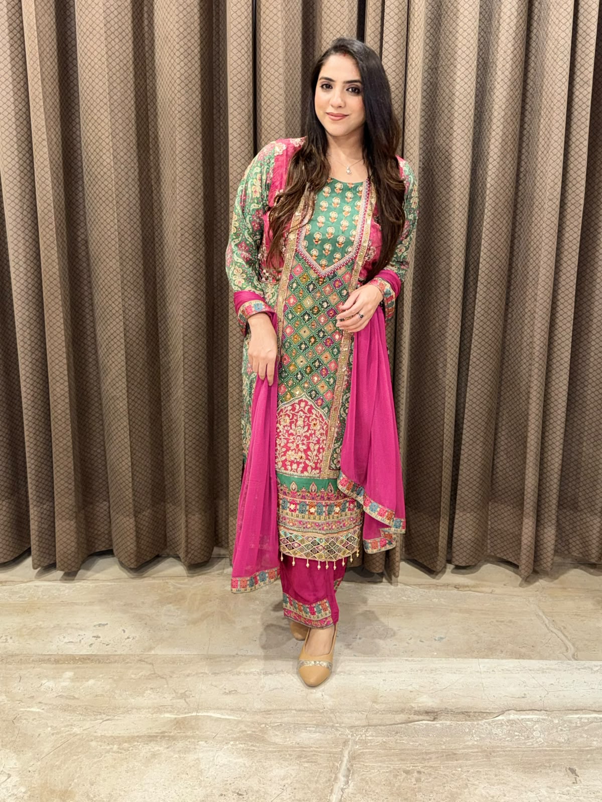 Designer Green Digital Straight suit with handwork