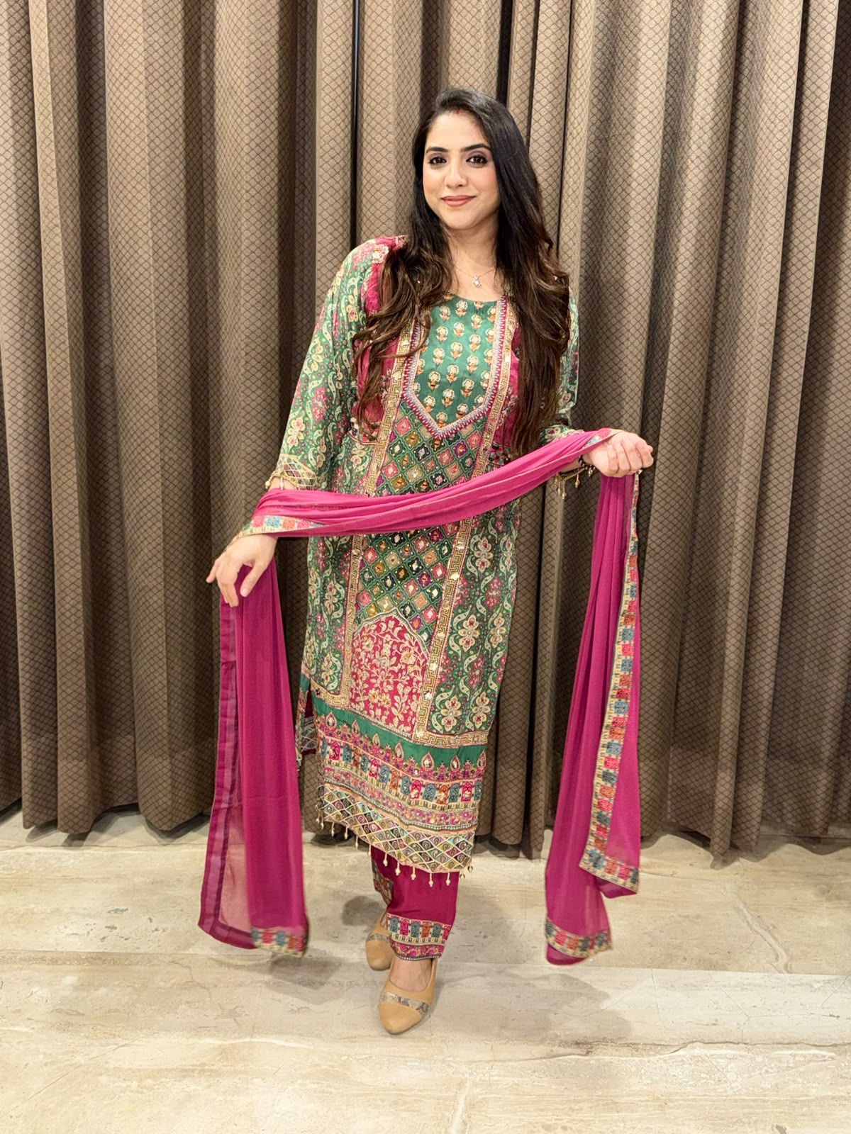Designer Green Digital Straight suit with handwork