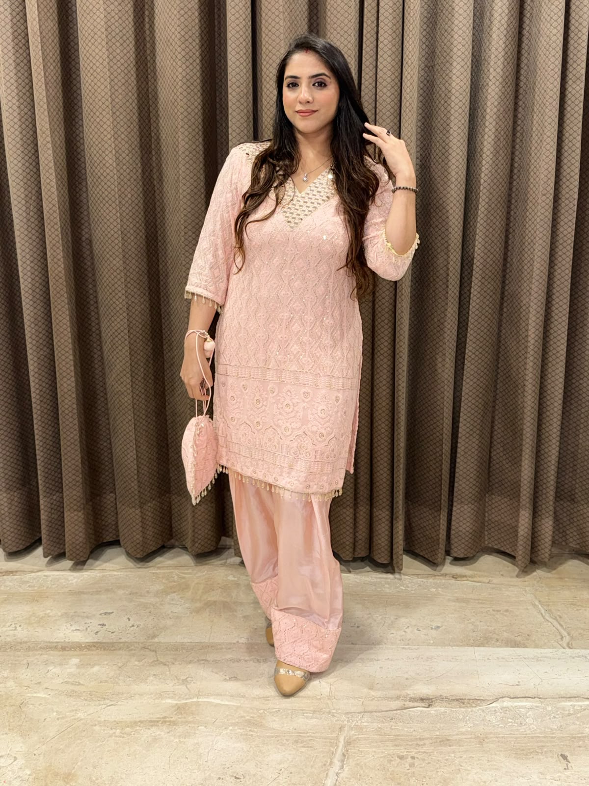 Designer Peach lucknavi Farshi Co-ord set with handwork & Potli