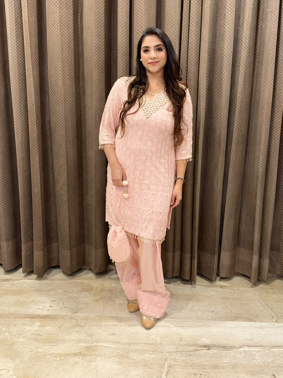 Designer Peach lucknavi Farshi Co-ord set with handwork & Potli