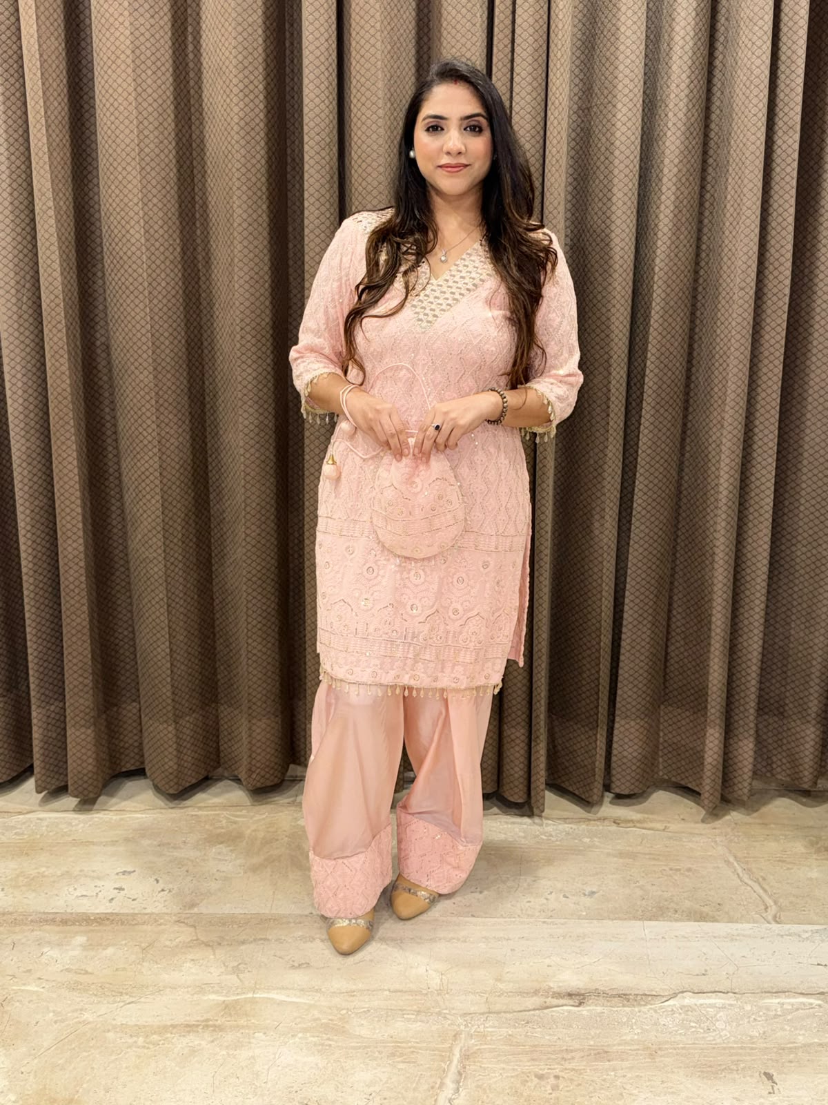 Designer Peach lucknavi Farshi Co-ord set with handwork & Potli