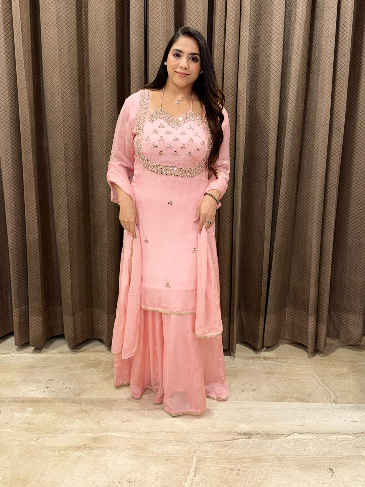 Pink designer Sharara set with mirror handwork and dupatta
