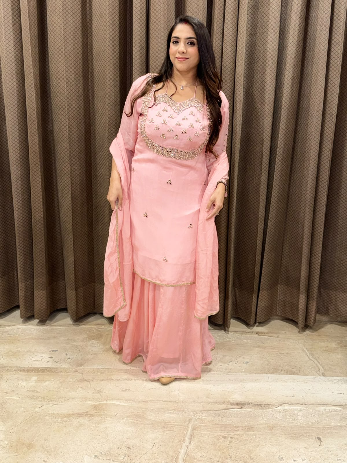 Pink designer Sharara set with mirror handwork and dupatta