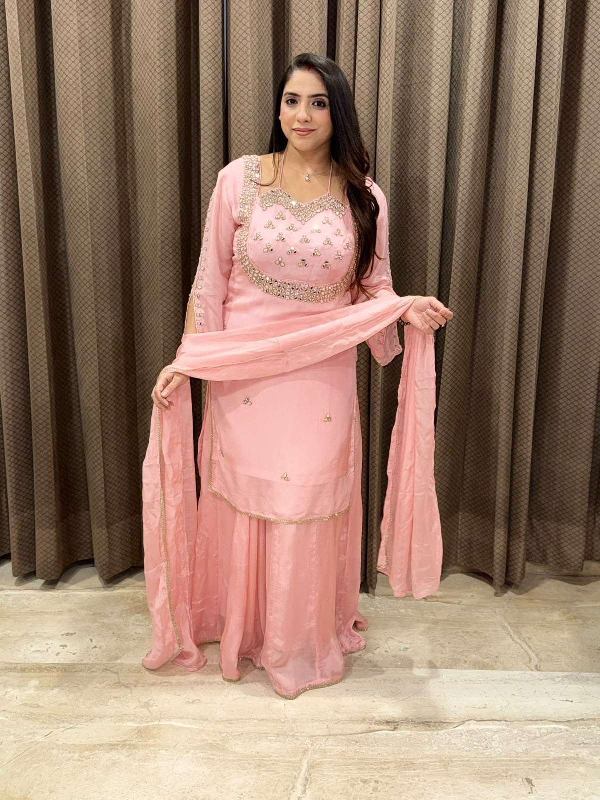 Pink designer Sharara set with mirror handwork and dupatta