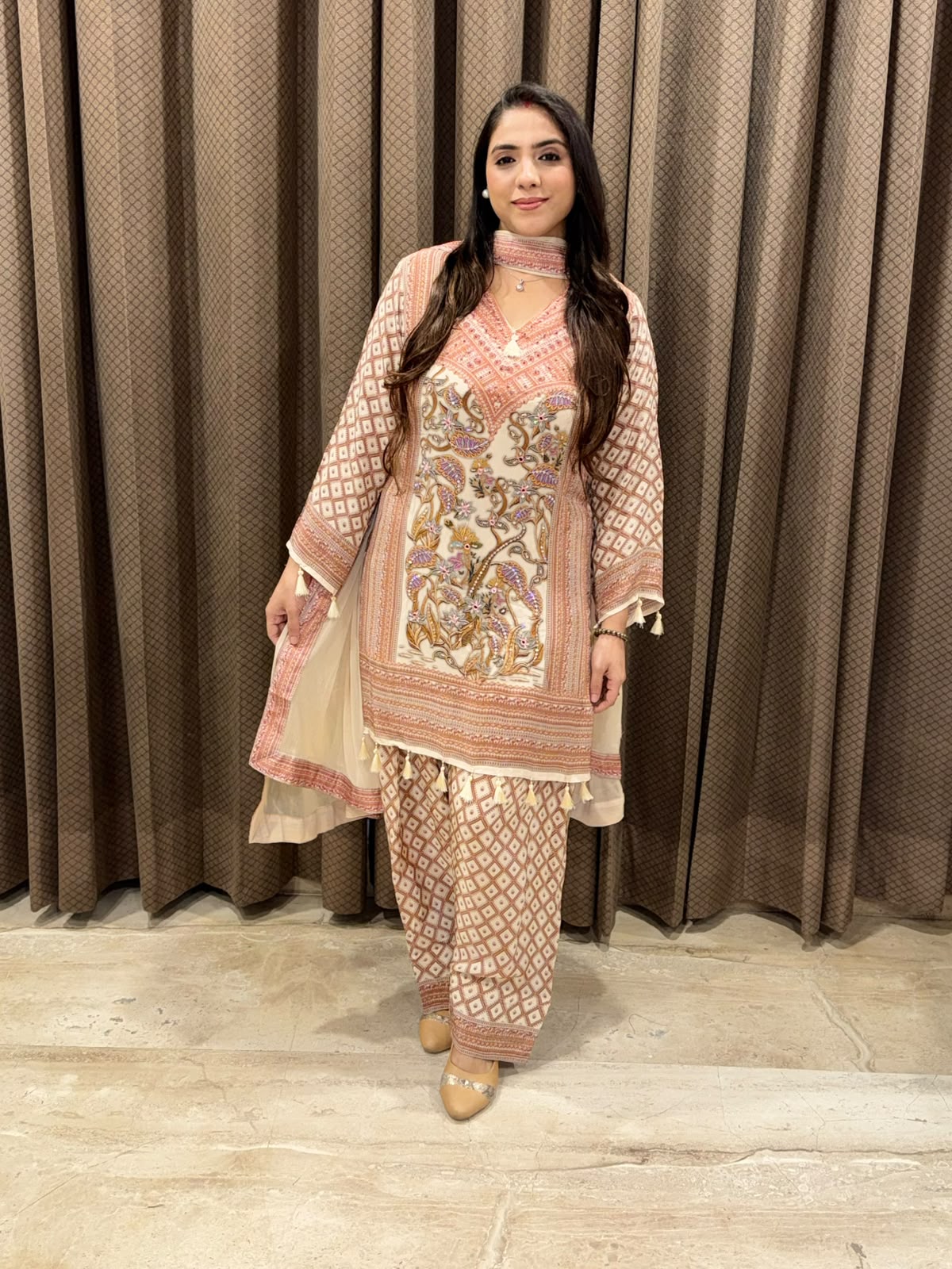 Peach Digital Farshi set with handwork and dupatta