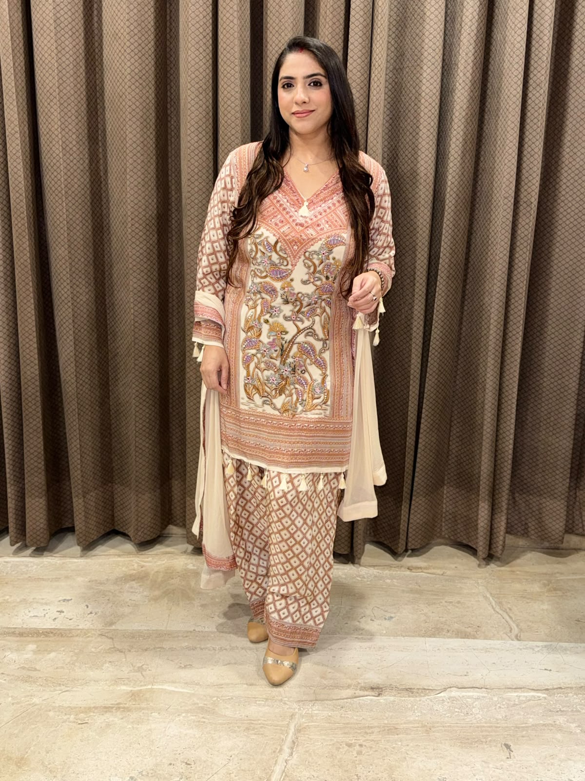 Peach Digital Farshi set with handwork and dupatta