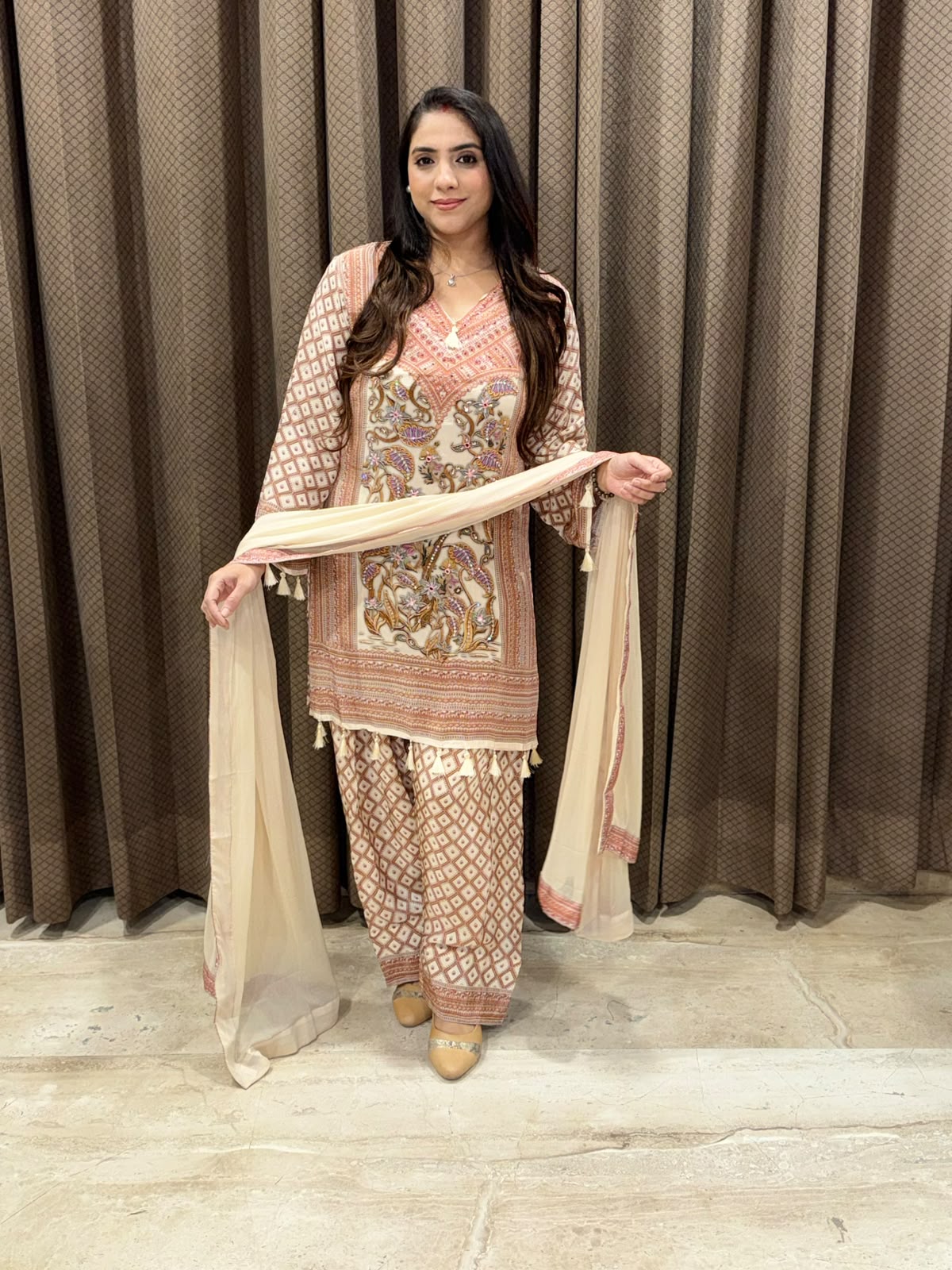 Peach Digital Farshi set with handwork and dupatta