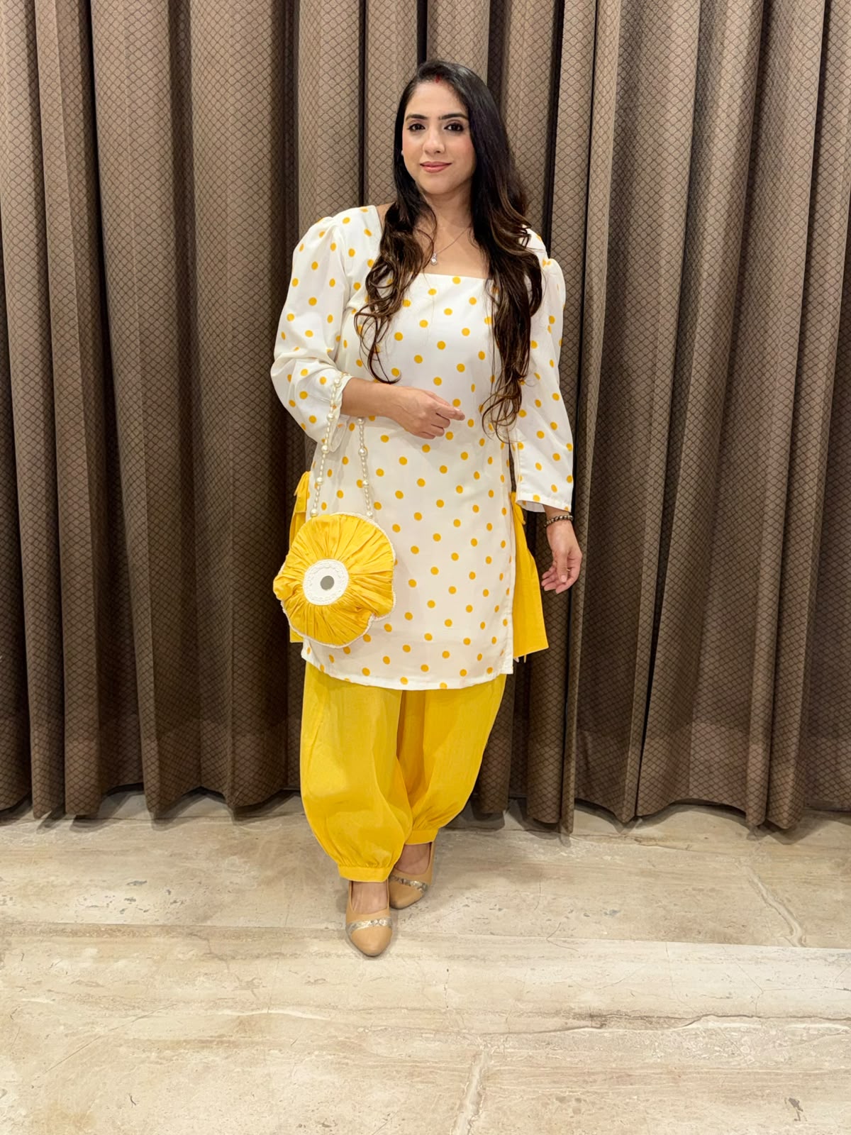 Yellow & White Polka set with balloon pants and pearl bag