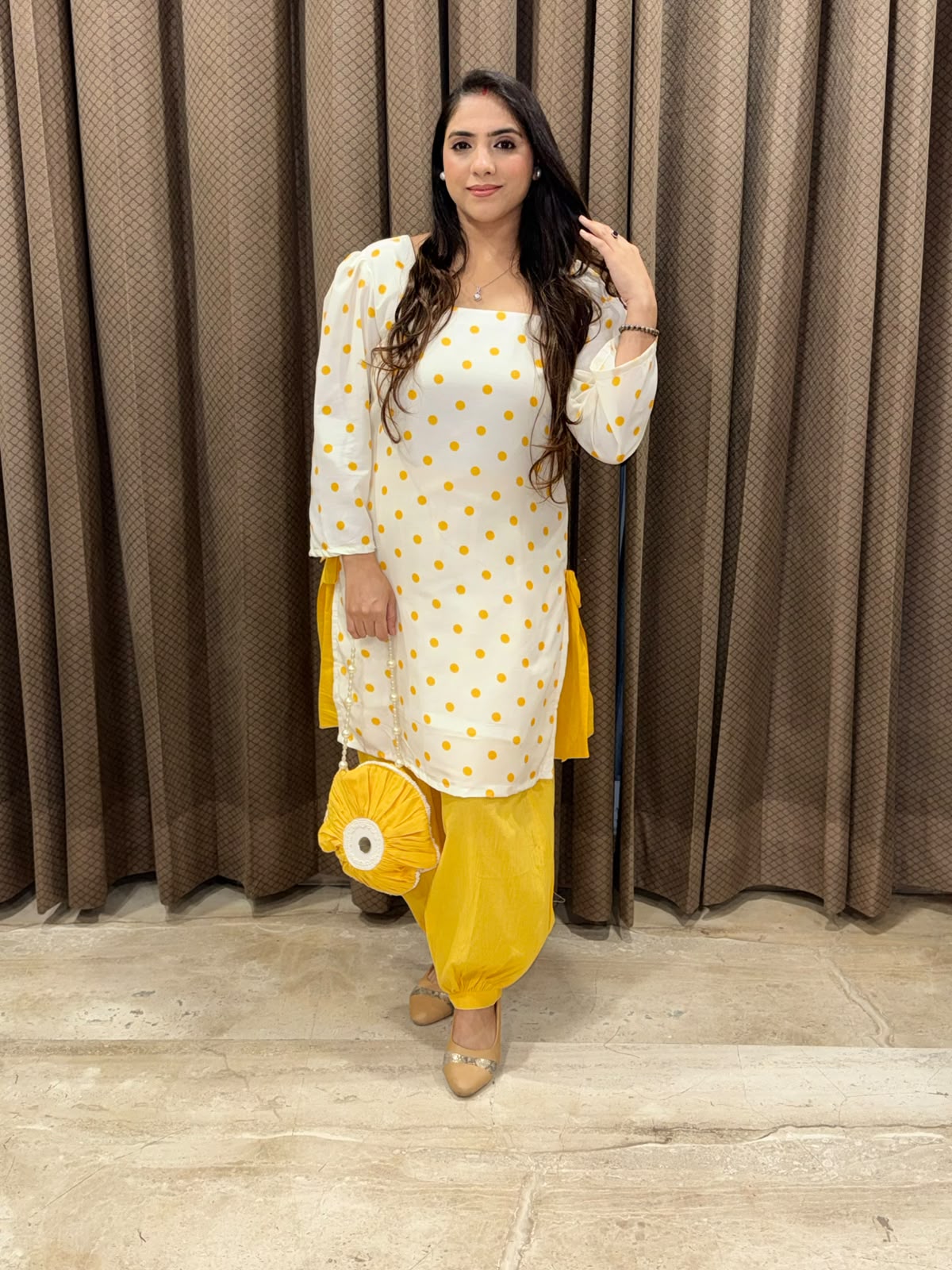 Yellow & White Polka set with balloon pants and pearl bag