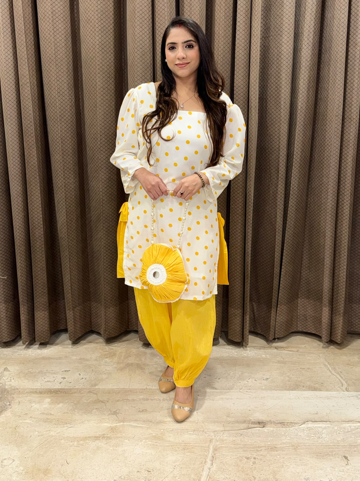Yellow & White Polka set with balloon pants and pearl bag