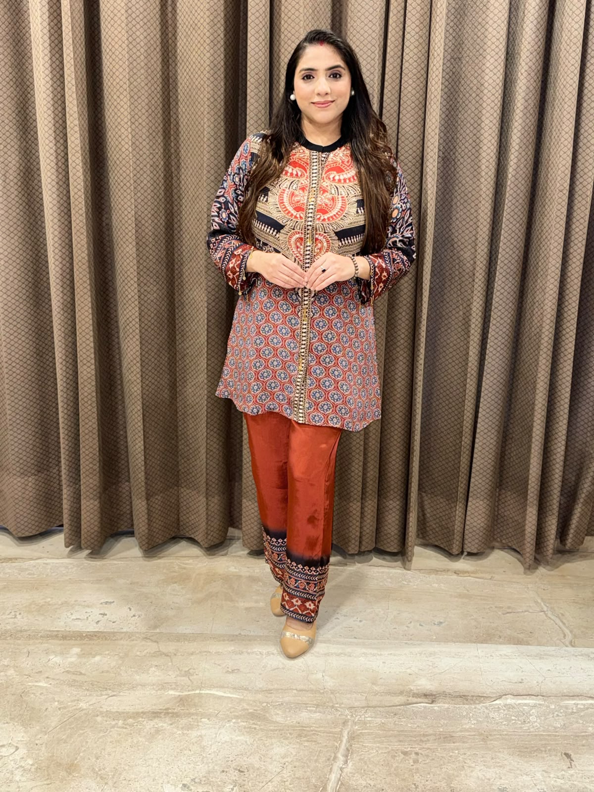Maroon Ajarakh digital print Co-ord set with handwork
