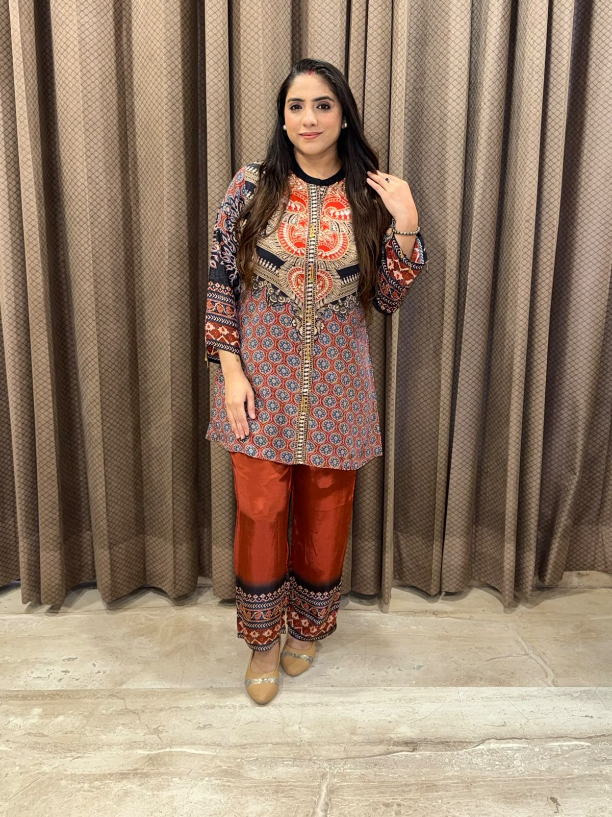 Maroon Ajarakh digital print Co-ord set with handwork