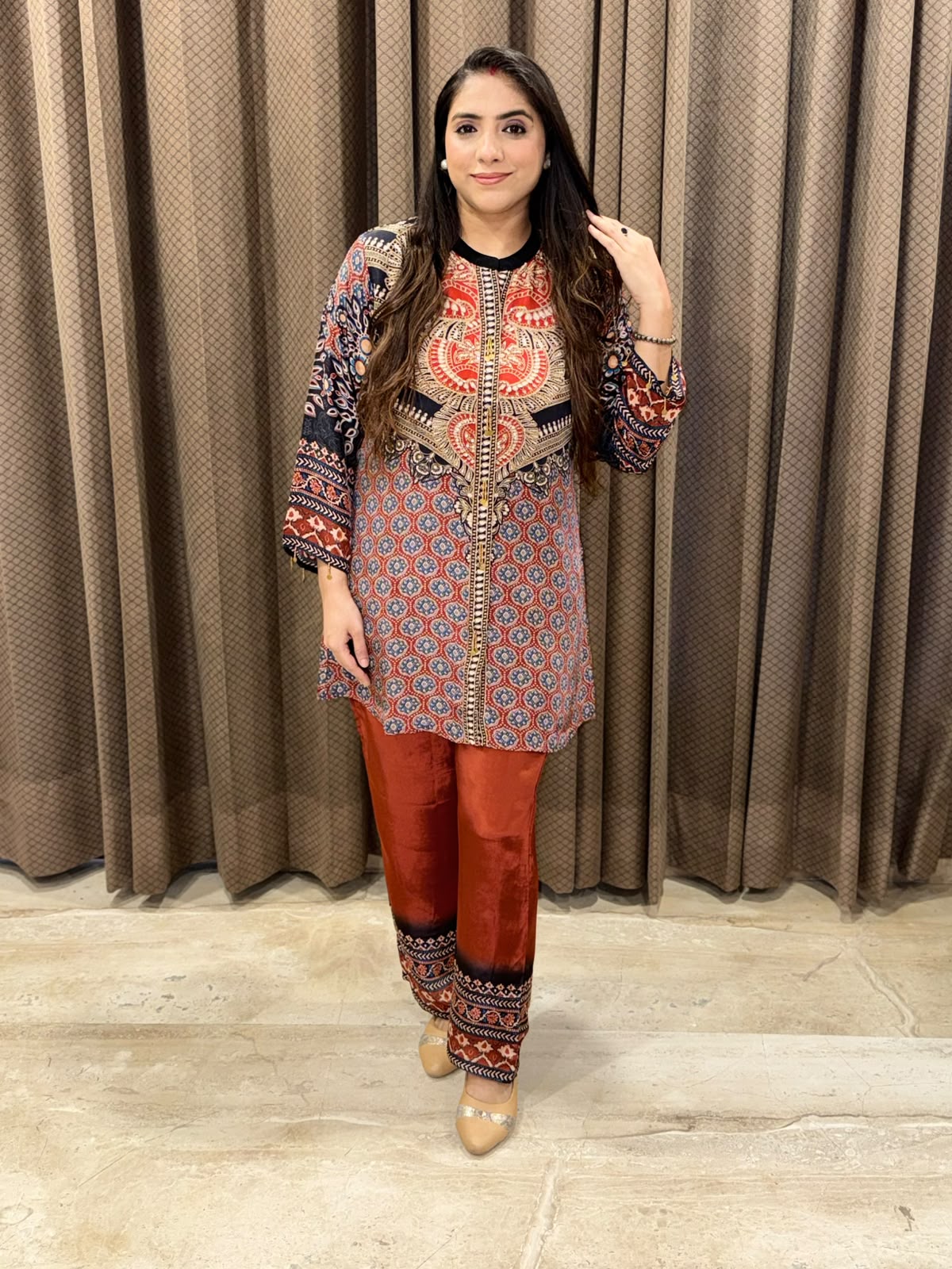 Maroon Ajarakh digital print Co-ord set with handwork