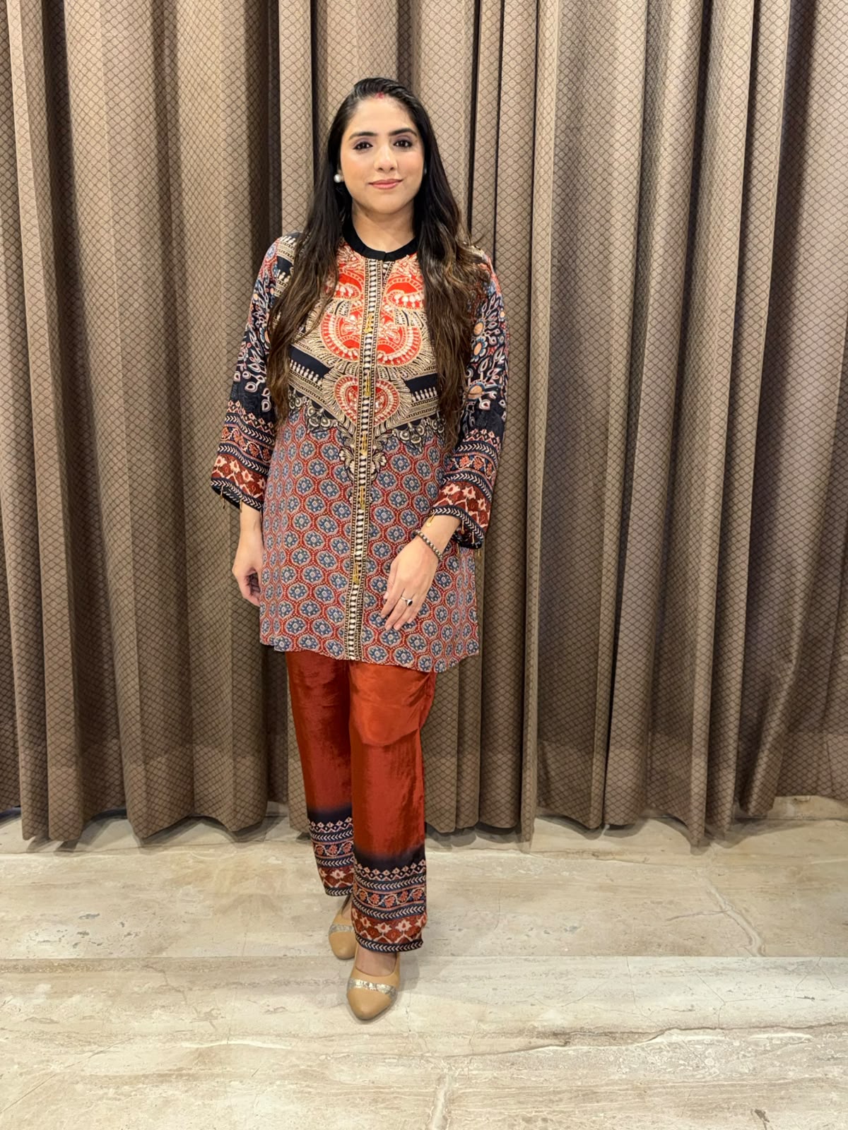 Maroon Ajarakh digital print Co-ord set with handwork